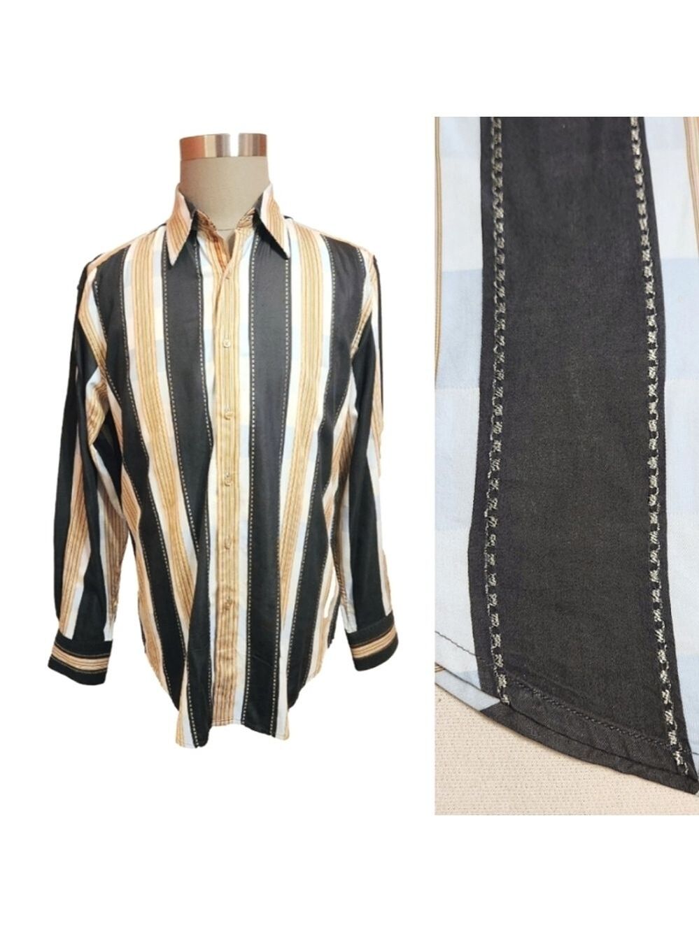 Robert Graham Wide Stripe Button Front Shirt Yellow Black Large